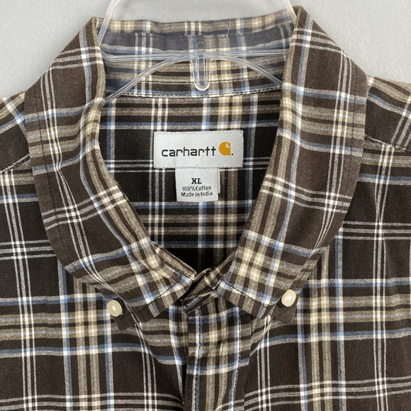 Carhartt Mens Button Down Shirt Short Sleeve Casual Plaid Brown XL - Picture 3 of 7